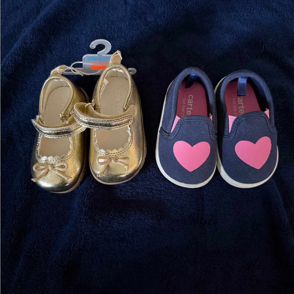 Carter's Gold Bow and Navy Heart Kids Dress Shoes